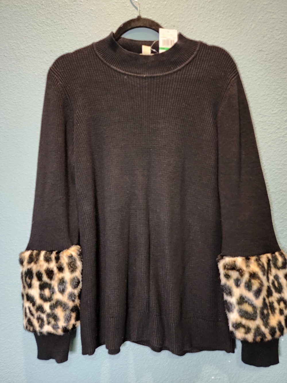 MICHAEL Michael Kors Black Knit Sweater with Leopard Faux-Fur Cuffs